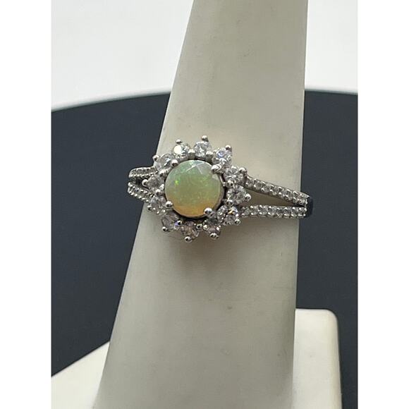 Sterling Silver Natural Opal Vibrant Colors Fire Halo CZ Split-shank Ring 7.5 - Picture 3 of 11